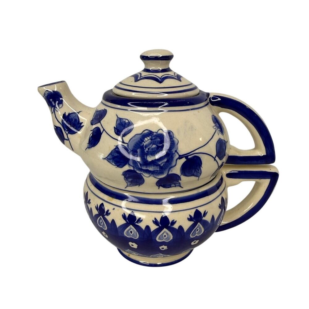 Bella Casa by Ganz Blue and White Floral Ceramic Tea for One Set Teapot & Cup